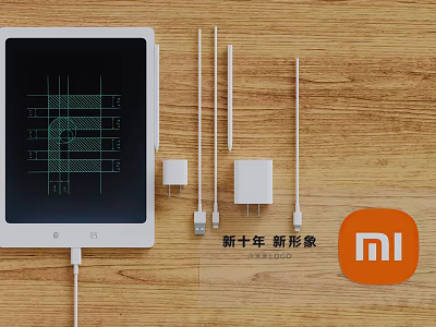 Xiaomi New Digital Accessories With Chargers Data Cables And Tablet Display On Wooden Surface 3d model