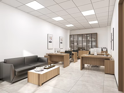 Modern Public Office Space With Wooden Desks Sofa Coffee Table Storage Cabinets And Ceiling Lights 3d model