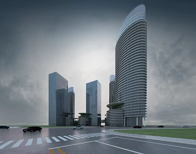 Aerial Planning of Modern Urban Architecture With Tall Skyscrapers Road Design And Vehicles 3d model