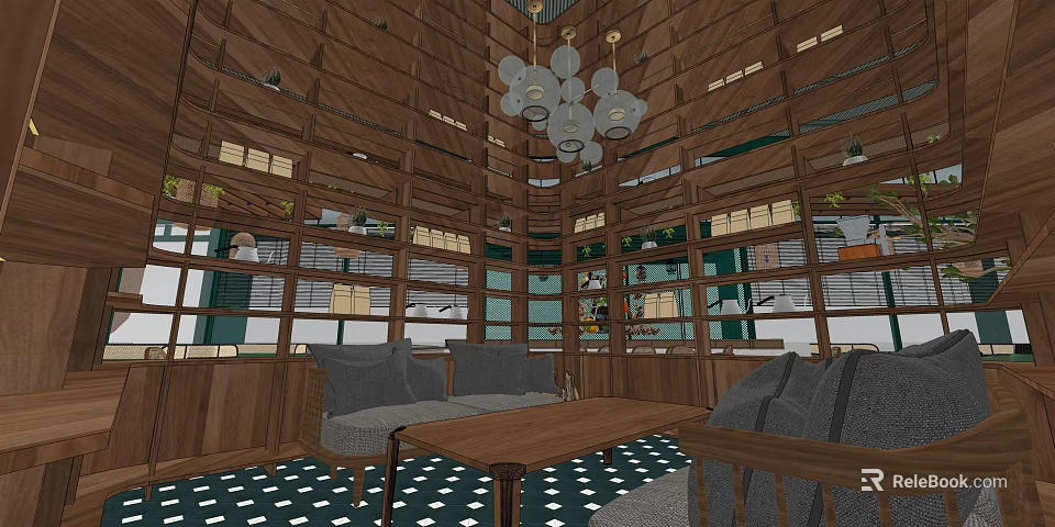 Warm Café Interior Design With Wooden Ceiling Beams Pendant Lights And Sofas 3d model 
