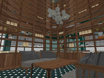 Warm Café Interior Design With Wooden Ceiling Beams Pendant Lights And Sofas 3d model