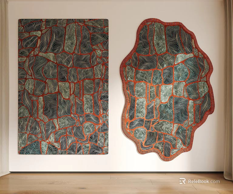 Unique Shaped Rugs with Green Textured Patterns and Orange Borders for Interior Design 3d model