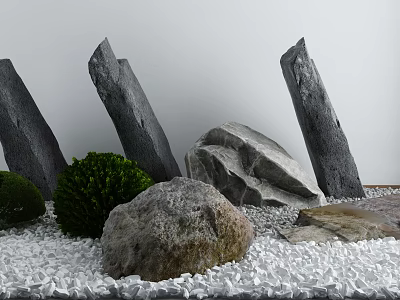 Garden Courtyard Landscape With Standing Stones Various Shaped Rocks Green Shrubs And White Gravel 3d model