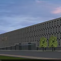 Modern Office Building Exterior Featuring Regular Window Design Road Cars Green Trees And Scenic Sky