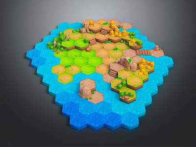 Cartoon Hexagonal Island Scene With Colorful Grass Trees Bridge And Rocks 3d model