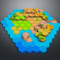 Cartoon Hexagonal Island Scene With Colorful Grass Trees Bridge And Rocks