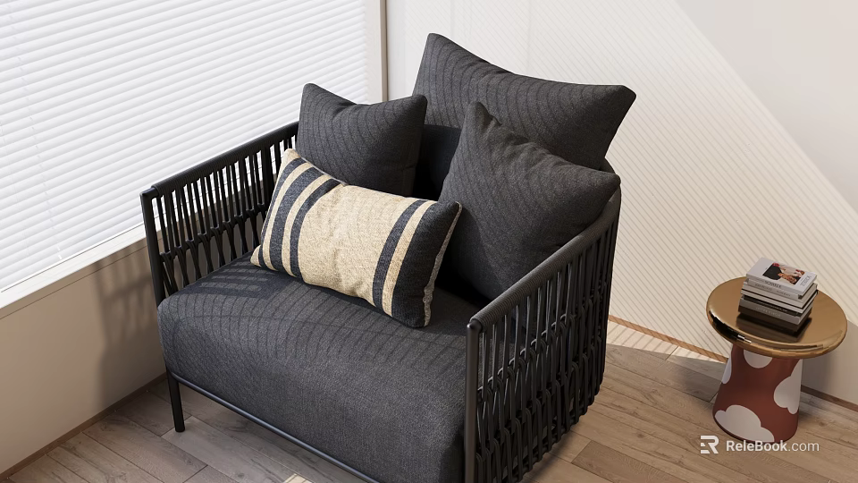 Elegant Single Sofa Featuring Grey Fabric Black Woven Frame And Striped Beige Cushions 3d model