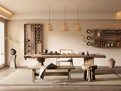 Traditional Tea House Interior Design With Wooden Furniture Tea Sets Hanging Lamps And Green Plants 3d model