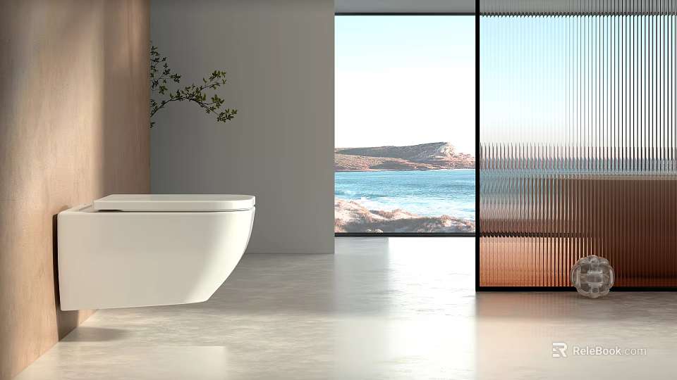 Modern Minimalist Bathroom Toilet With Scenic Ocean View And Floor to Ceiling Window 3d model 