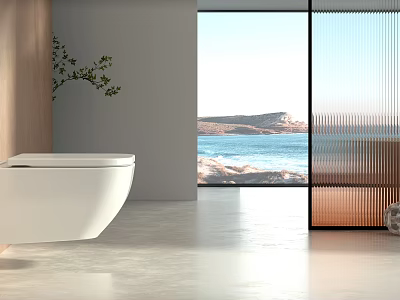 Modern Minimalist Bathroom Toilet With Scenic Ocean View And Floor to Ceiling Window 3d model