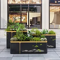 Modern Garden Landscape With Green Plants Planters And Umbrellas By Building Facade