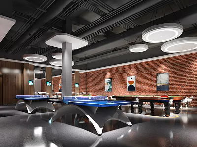 Modern Club Interior With Table Tennis Billiard Tables Red Brick Walls And Ceiling Lights 3d model