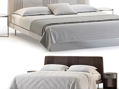 Modern Upholstered Double Bed With Soft Pillows Quilted Bedspread And Wooden Nightstand 3d model
