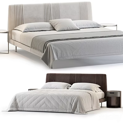 Modern Upholstered Double Bed With Soft Pillows Quilted Bedspread And Wooden Nightstand 3d model