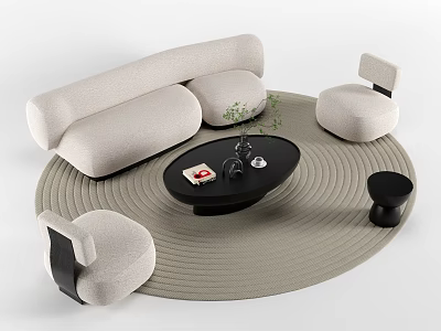 Beige Curved Sofa And Coffee Table Set With Armchairs Round Rug And Decorative Items 3d model