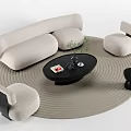 Beige Curved Sofa And Coffee Table Set With Armchairs Round Rug And Decorative Items