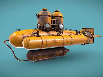 Yellow Vintage Submarine Water Vehicle With Observation Windows Pipes And Tracked Base 3d model