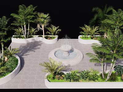 Well Designed Park Landscape With Central Fountain Palm Trees Stone Pavement And Lush Greenery 3d model