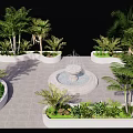 Well Designed Park Landscape With Central Fountain Palm Trees Stone Pavement And Lush Greenery