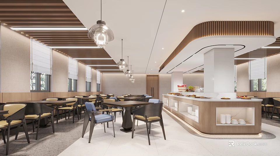 Modern Restaurant Interior Design With Wooden Ceiling Pendant Lights Dining Tables And Buffet Counter 3d model 