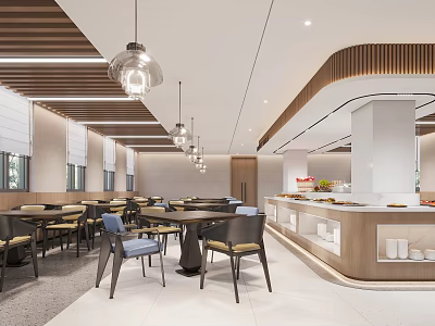Modern Restaurant Interior Design With Wooden Ceiling Pendant Lights Dining Tables And Buffet Counter 3d model