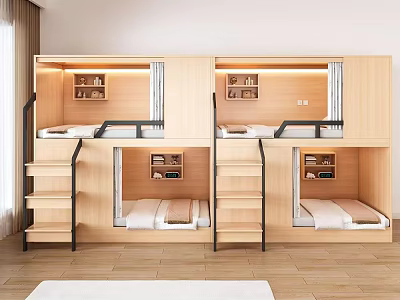 Modern Wooden Bunk Bed Dormitory With Built in Shelves And LED Lighting 3d model