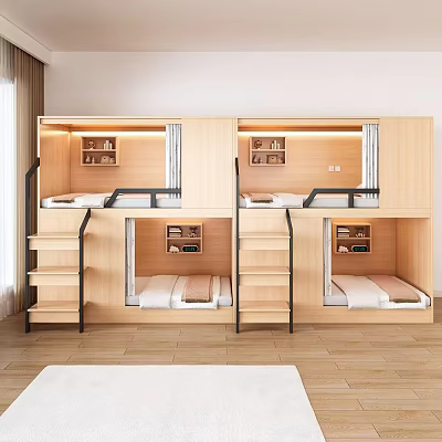 Modern Wooden Bunk Bed Dormitory With Built in Shelves And LED Lighting 3d model