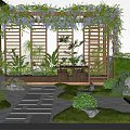 Roof Garden Design With Wisteria Covered Wooden Pergola Stone Pathway And Green Lawn