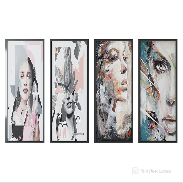 Set of Four Abstract Portrait Paintings With Colorful Facial Features And Artistic Designs 3d model 