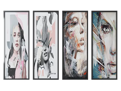 Set of Four Abstract Portrait Paintings With Colorful Facial Features And Artistic Designs 3d model