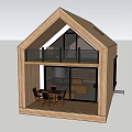 Two Story Wooden House With Large Windows And Interior Living Furniture