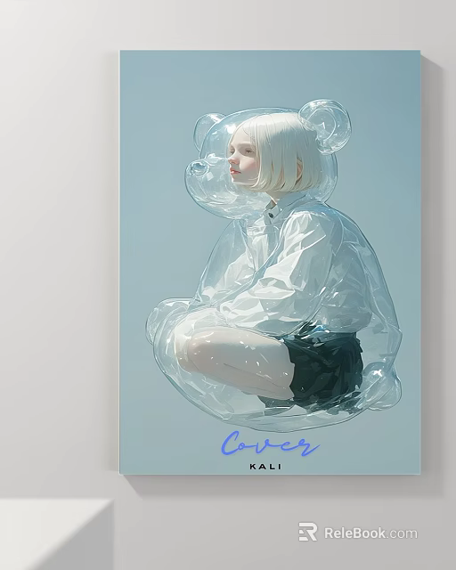 Blonde Girl Portrait in Transparent Bear Inflatable Wearing White Shirt Black Skirt Light Blue Background 3d model 