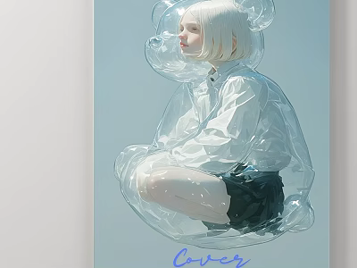 Blonde Girl Portrait in Transparent Bear Inflatable Wearing White Shirt Black Skirt Light Blue Background 3d model