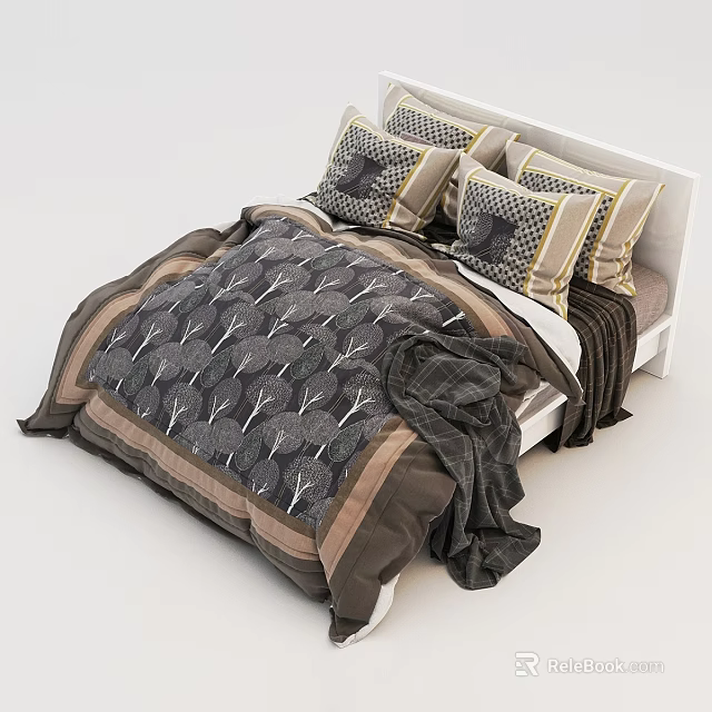 Modern Double Bed With White Frame Leaf Pattern Quilt Decorative Pillows And Folded Blanket 3d model