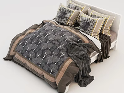 Modern Double Bed With White Frame Leaf Pattern Quilt Decorative Pillows And Folded Blanket 3d model