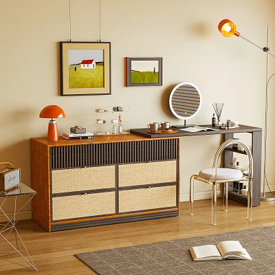 Wooden Dresser With Orange Table Lamp Round Mirror And Wall Art Accent Chair 3d model