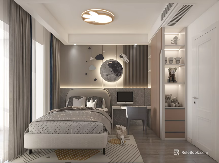 Modern Children's Room Interior With Rabbit Ceiling Lamp Moon Mirror And Toy Shelf 3d model 