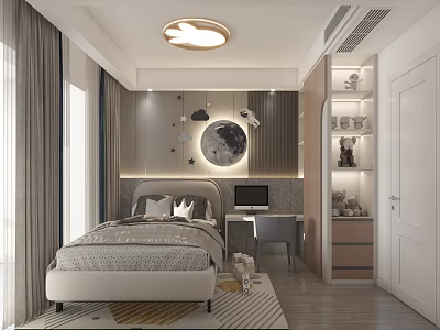 Modern Children's Room Interior With Rabbit Ceiling Lamp Moon Mirror And Toy Shelf 3d model