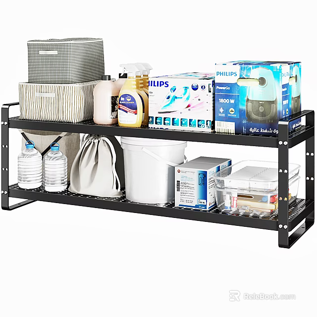 Black Metal Storage Shelf Organizing Household Items Bottles Boxes And Baskets 3d model 