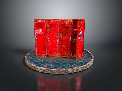 Red Cabinet With Multiple Doors Worn Surface And Stickers On Circular Blue White Checkered Base 3d model