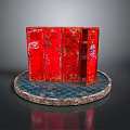 Red Cabinet With Multiple Doors Worn Surface And Stickers On Circular Blue White Checkered Base