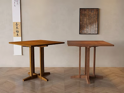 Two Wooden Dining Tables In Room With Neutral Wall Decorative Painting And Herringbone Wood Floor 3d model