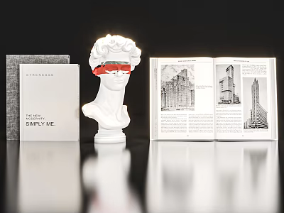 Stylish Decorative Ornament Set With White Bust Red Blindfold And Open Architectural Books 3d model