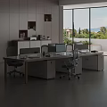 Modern Office Space With White Desk And Gray Chairs Storage Cabinets Large Windows