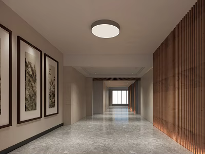 Modern Elevator Corridor With Decorative Paintings Wooden Slat Wall And Marble Floor 3d model