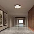 Modern Elevator Corridor With Decorative Paintings Wooden Slat Wall And Marble Floor