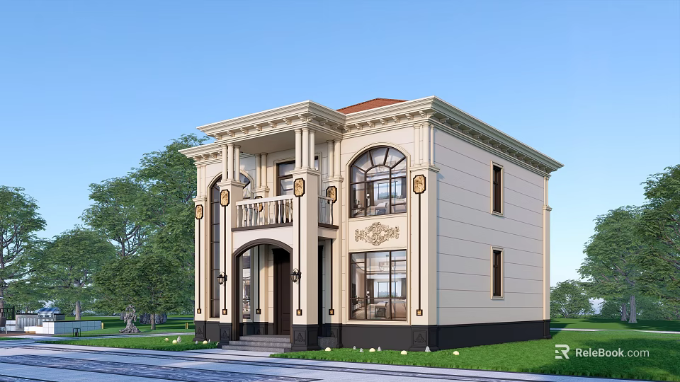 European Style Detached Villa Beige Exterior Red Roof Arched Windows With Green Trees And Lawn 3d model 