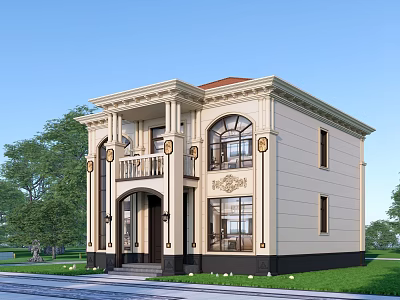 European Style Detached Villa Beige Exterior Red Roof Arched Windows With Green Trees And Lawn 3d model