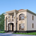 European Style Detached Villa Beige Exterior Red Roof Arched Windows With Green Trees And Lawn