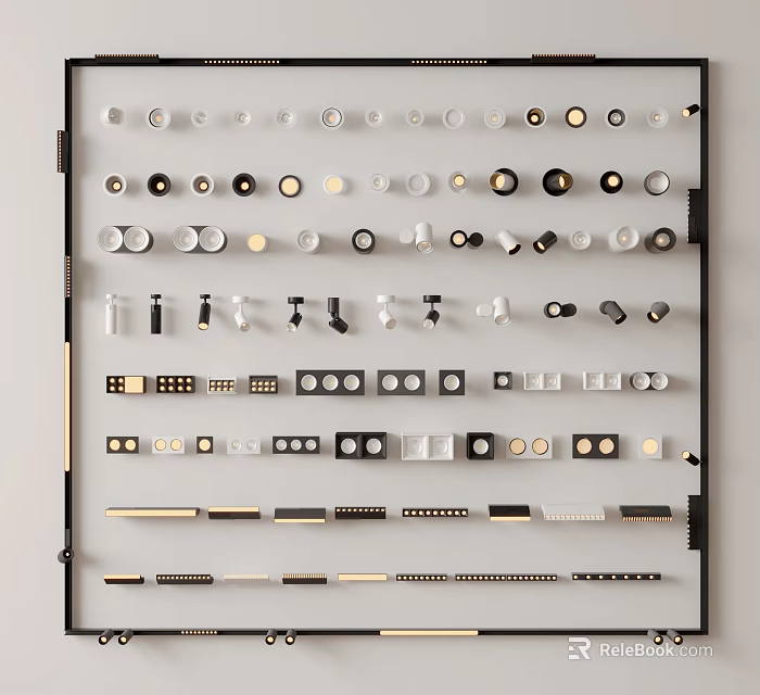 Various Styles Downlights And Spotlights In White Black Gold Colors On Display Board 3d model 